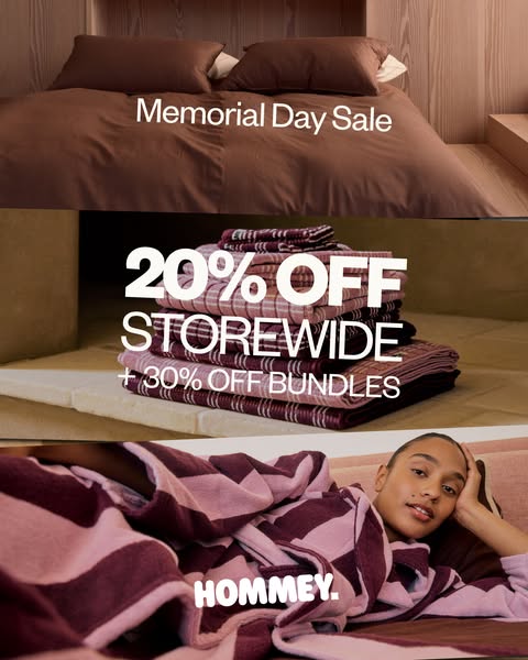 Image ad promoting Hommey's Memorial Day Sale, offering 20% off storewide and 30% off bundles. The ad features a bed