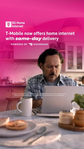 T-Mobile promotes its home internet service by announcing same-day delivery through DoorDash, featuring an image of a ma