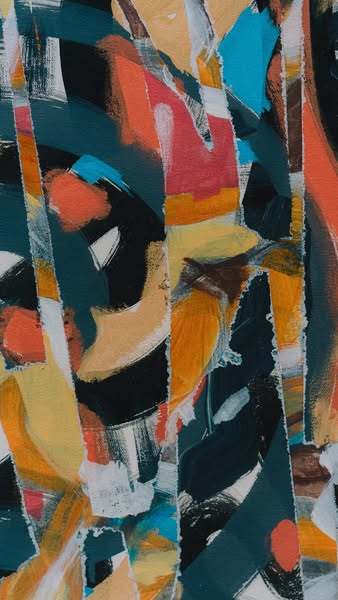 This ad features an abstract image of a colorful pattern of brush strokes and cut-out shapes. There is no clear product 