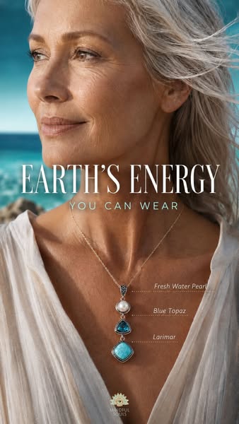 This ad showcases a woman wearing a layered gemstone necklace. The necklace features larimar, blue topaz, and a freshwat