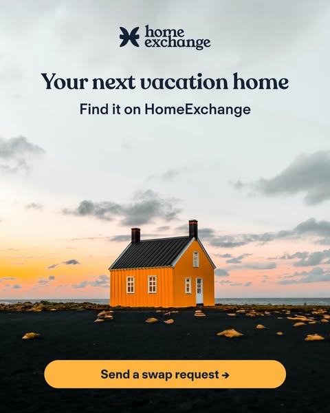 This ad promotes HomeExchange, a service that allows users to swap homes for vacations. The ad features an image of a qu