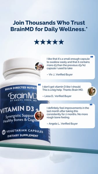 This image ad for BrainMD Vitamin D3+ features verified buyer testimonials, a 5-star rating, and product claims of syner