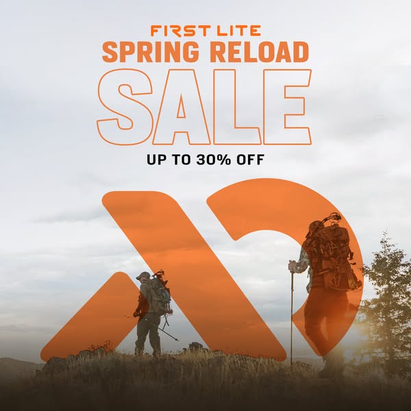 This image ad promotes a Spring Reload Sale from First Lite, offering up to 30% off. The ad features a background image 