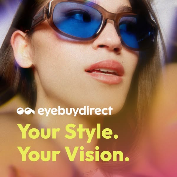 This ad by eyebuydirect features a woman wearing a pair of brown rimmed sunglasses. The ad has the logo for the company 