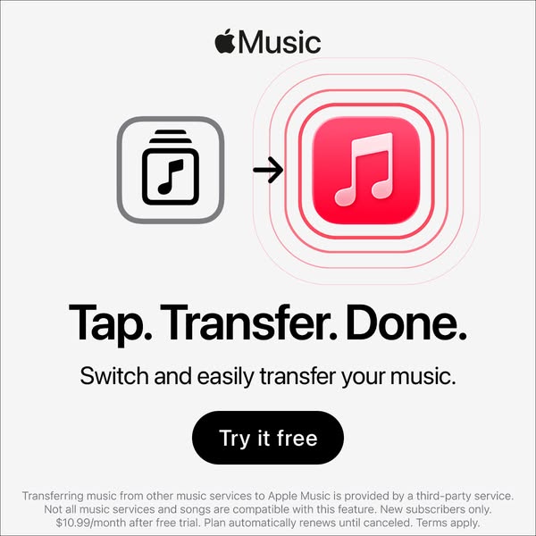 This image ad promotes Apple Music's feature of transferring music from other music services. The ad features visual