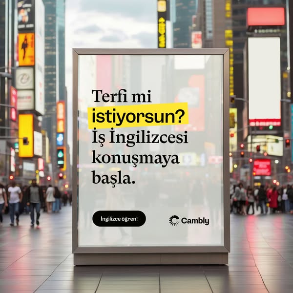 This ad for Cambly is formatted as a billboard. The ad asks viewers if they want a promotion and states that they should