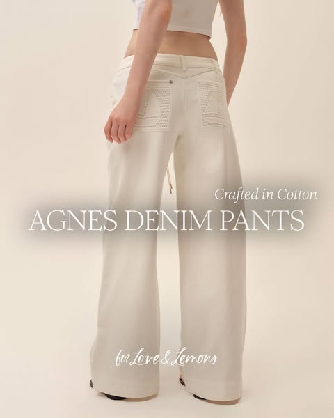 This is a product ad showcasing the brand 'For Love & Lemons' denim pants. The ad features a model wearing t