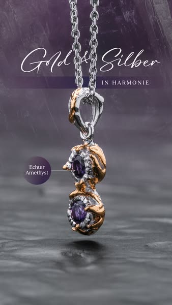Ad showcasing a silver and gold necklace with two amethyst stones.
