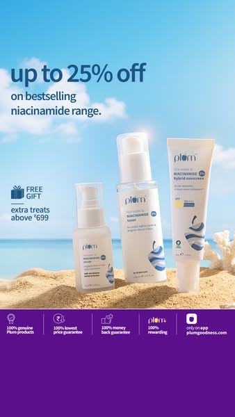 This image ad promotes Plum's niacinamide range, offering up to 25% off and a free gift with purchases above '69