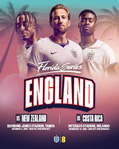 This ad promotes upcoming Florida Series soccer games featuring the England national team. The ad features three soccer 