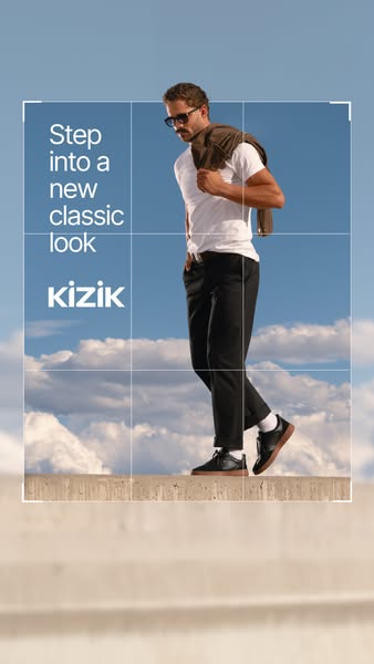 This image ad for Kizik shoes features a stylish man walking outside on an elevated surface with a blue sky and clouds i