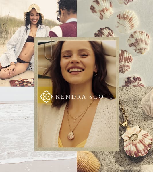 This ad showcases Kendra Scott jewelry with a collage-style layout that combines a close up of a necklace, the brand'