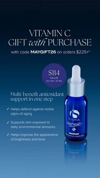This image ad for iS Clinical features a GenexC serum and promotes it as a gift with purchase, on orders over $225, usin