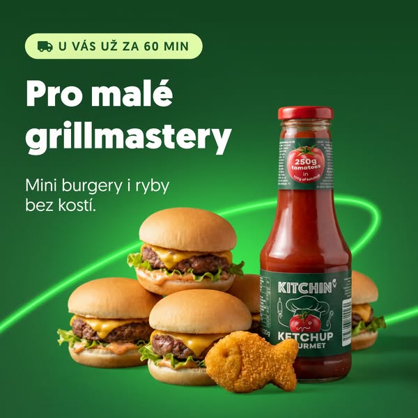 This ad showcases Kitchin ketchup alongside small burgers and fish sticks, promoting its availability for delivery withi