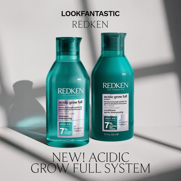 This ad promotes Redken's Acidic Grow Full System for hair density and strength. The ad features the shampoo and con