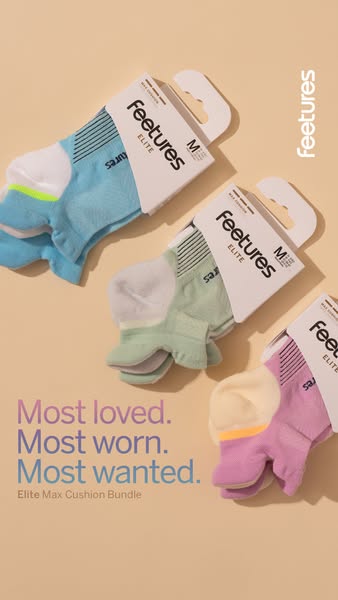 This ad features three pairs of Feetures Elite Max Cushion socks in different colors. The headline emphasizes their popu