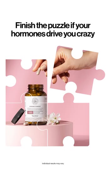 This ad features an image of a bottle of hormone support supplements, styled as a puzzle piece in order to call out the 