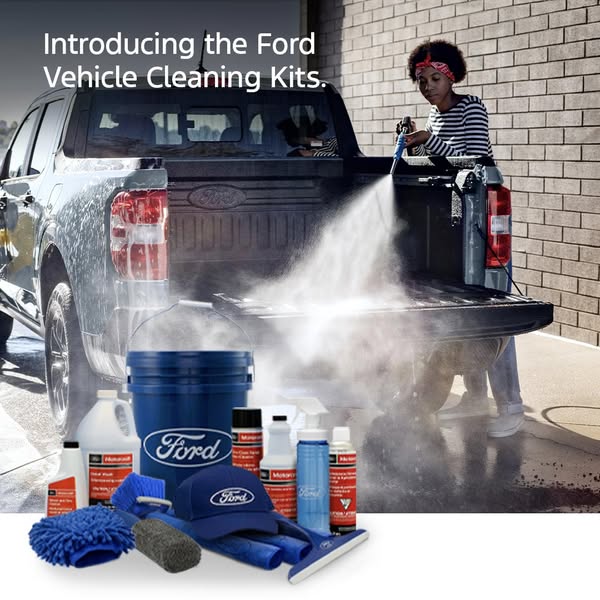 This ad showcases Ford vehicle cleaning kits. The image features a woman cleaning the truck bed of a Ford truck, highlig