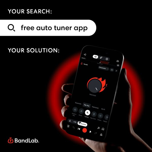 The ad highlights the user's search for a free auto tuner app, and the app BandLab is presented as the solution.