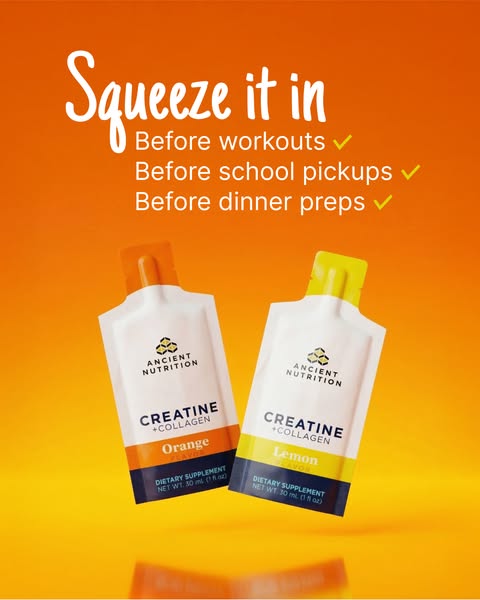 Image ad promoting Ancient Nutrition Creatine + Collagen packets, highlighting their convenience and ease of use before 