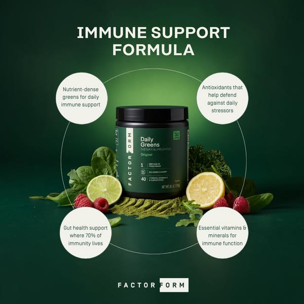 This ad promotes Factor Form's Daily Greens dietary supplement. The image emphasizes the product's ingredients a