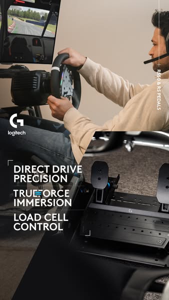 This ad features the Logitech racing wheel and pedals, highlighting its precision, true force immersion, and load cell c
