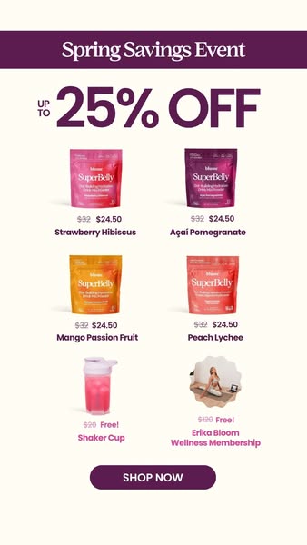 This image ad for Bloom Nutrition promotes a Spring Savings Event with up to 25% off select products, including SuperBel