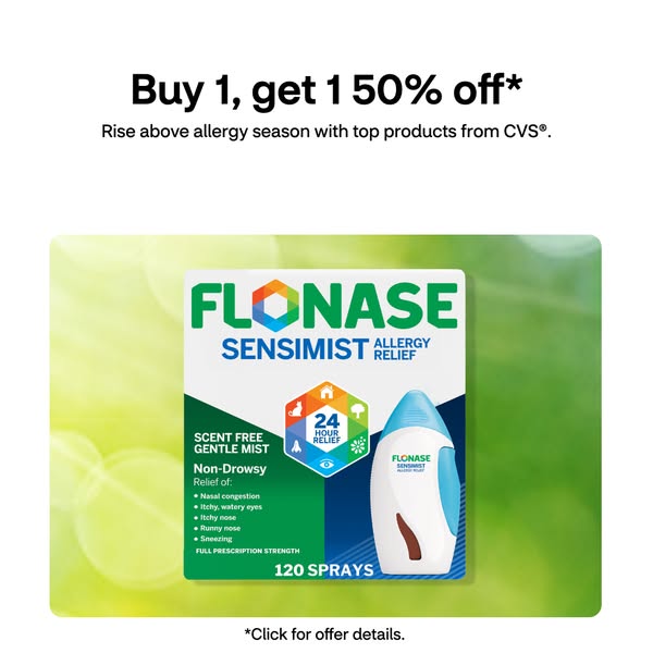 This image ad for Flonase Sensimist promotes a "buy one, get one 50% off" offer, highlighting its non-drowsy a