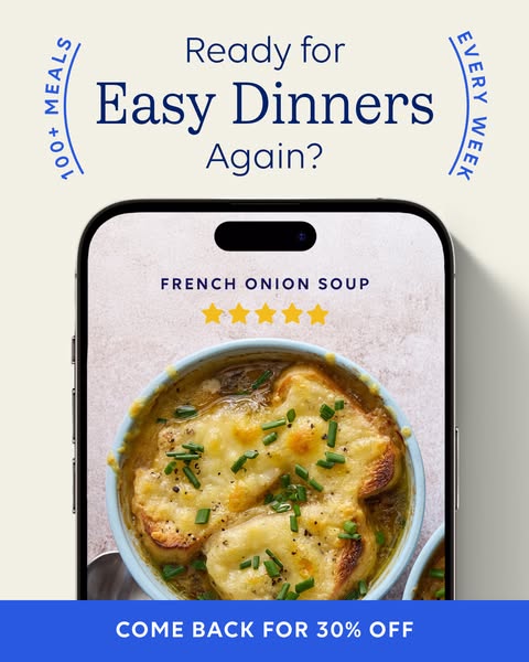 This ad features an image of a mobile phone screen displaying an app interface with a picture of French onion soup. The 