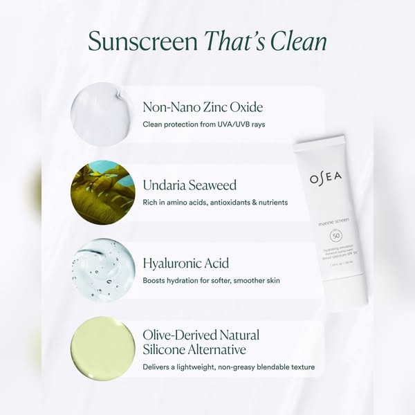 This image ad for OSEA Marine Screen sunscreen highlights the product's clean ingredients, including non-nano zinc o
