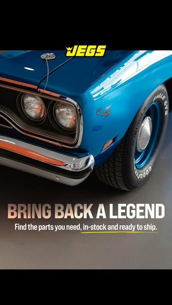 This image ad for JEGS automotive parts uses a close-up shot of a bright blue vintage car to connect with an audience in