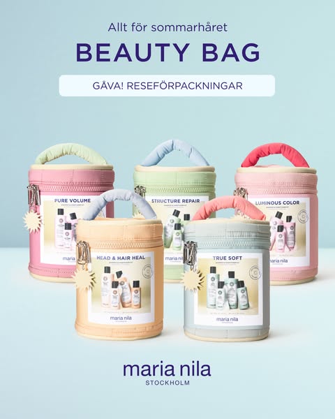 This image ad for Maria Nila promotes their beauty bags, which include travel-sized hair care products. Each beauty bag 