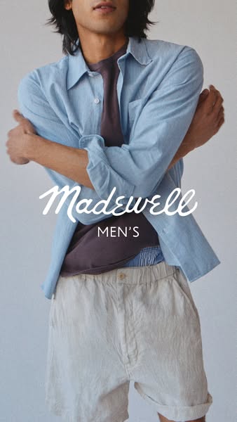 This image ad promotes Madewell Men's apparel featuring an image of a male model in a casual outfit. It highlights t