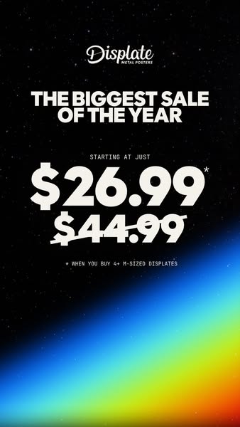 This image ad for Displate promotes the 'Biggest Sale of the Year' on M-sized Displates, offering a starting pri
