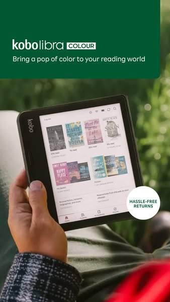 This image ad promotes the Kobo Libra Colour eReader. The ad emphasizes the device's color display by showing it bei