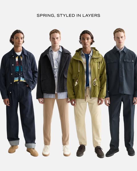 The ad showcases a range of spring outfits styled in layers. Four male models wear different combinations of jackets, sh