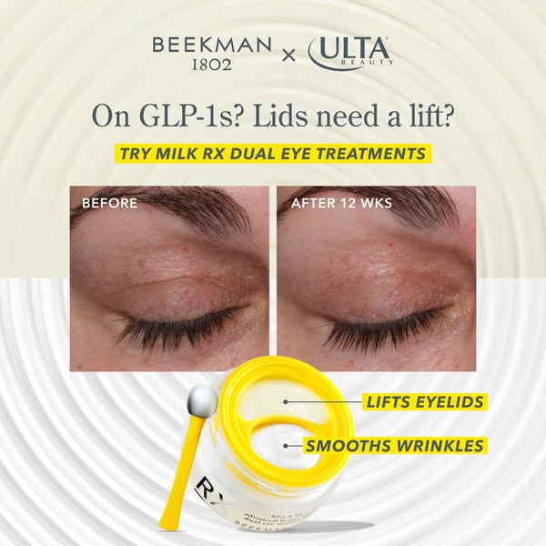 This ad is for MILK RX DUAL EYE TREATMENTS by Beekman 1802 available at Ulta Beauty. The ad uses a before and after visu
