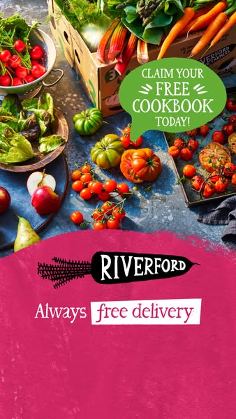 This image ad for Riverford promotes its fresh produce delivery service and highlights an offer for a free cookbook.