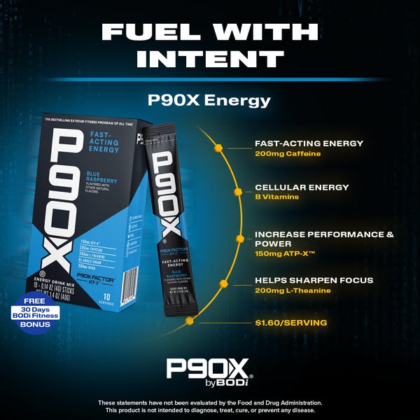 This image promotes P90X Energy drink mix as a way to "Fuel with intent". It calls out the fast-acting energy 