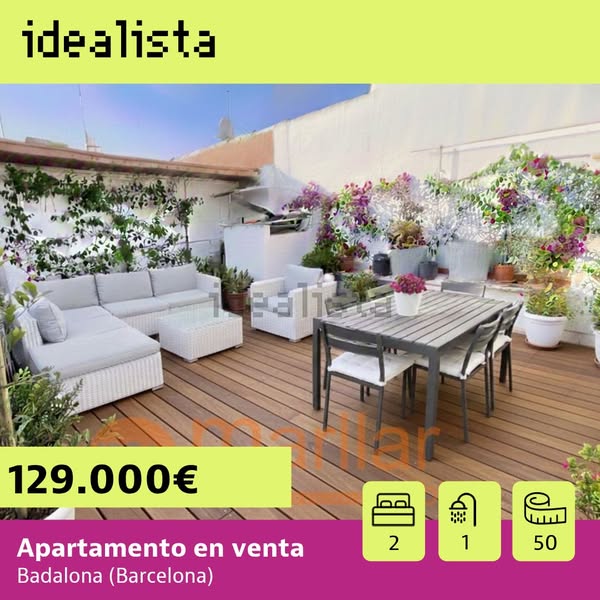 This ad is promoting an apartment for sale. It features a sunlit terrace with outdoor furniture and is advertising the a