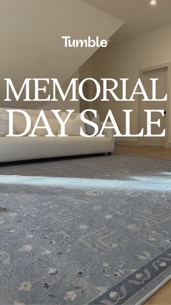 This ad is for Tumble rugs, promoting their Memorial Day sale. The ad features a stylish living room with a Tumble rug i