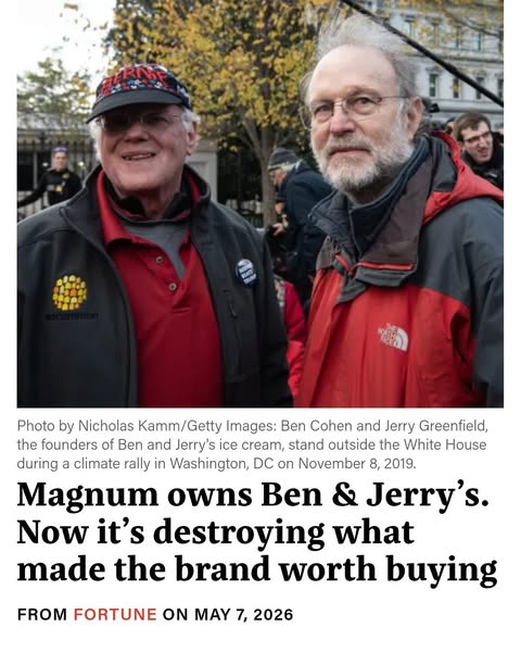 This ad features an image of Ben Cohen and Jerry Greenfield, the founders of Ben & Jerry's ice cream, standing o