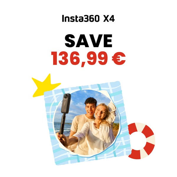 This image ad for Insta360 promotes the X4 action camera with a focus on savings. The ad shows a couple taking a selfie 