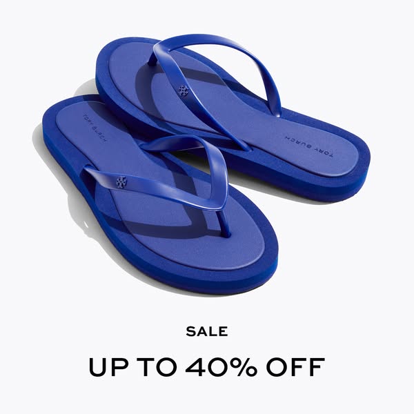 This image ad promotes Tory Burch brand footwear, specifically showcasing a pair of blue flip-flops and highlighting a s