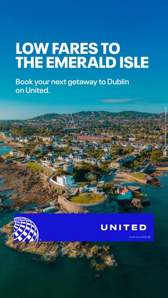 This image ad for United Airlines promotes low fares to Dublin, known as The Emerald Isle. The ad uses a scenic aerial v