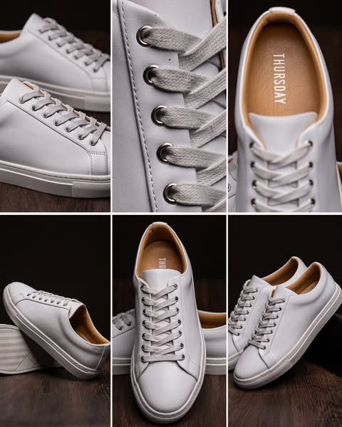 This ad showcases a series of close-up and studio-style shots of a pair of white leather sneakers.