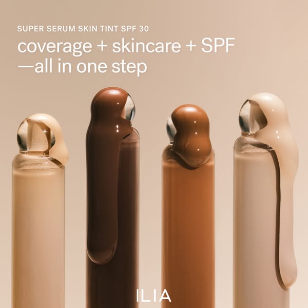 This image ad highlights the Ilia Super Serum Skin Tint SPF 30. It promotes the product as a combination of coverage, sk