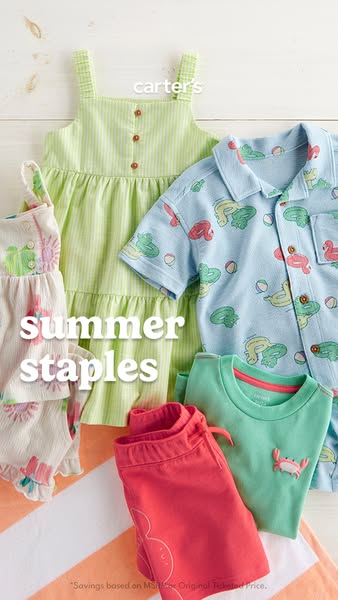 An image featuring a variety of children's summer clothing items. The items include dresses, shirts, and shorts, as 