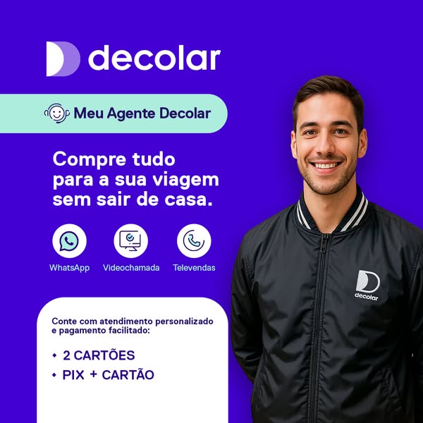 This ad for Decolar features a man in a branded jacket and promotes the ability to plan and book travel arrangements fro