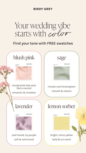 An ad for Birdy Grey featuring four different color palette options for weddings. Each color palette has a swatch sample